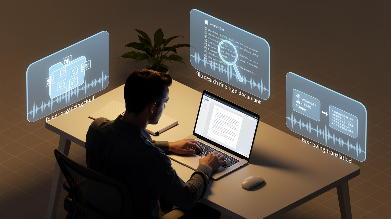 Owlfy 语音 AI 多任务处理 — 职场人士在桌前工作,后台自动完成三个任务气泡