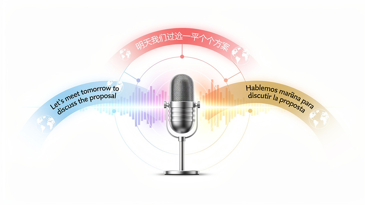 Owlfy 多语言语音 AI 多任务处理 — 英语、西班牙语、中文三条语流从中央麦克风流出